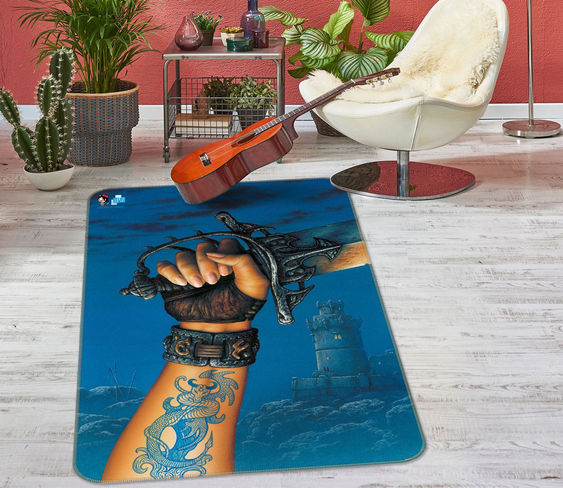 3D Sword In Hand 5185 Ciruelo Rug Non Slip Rug Mat