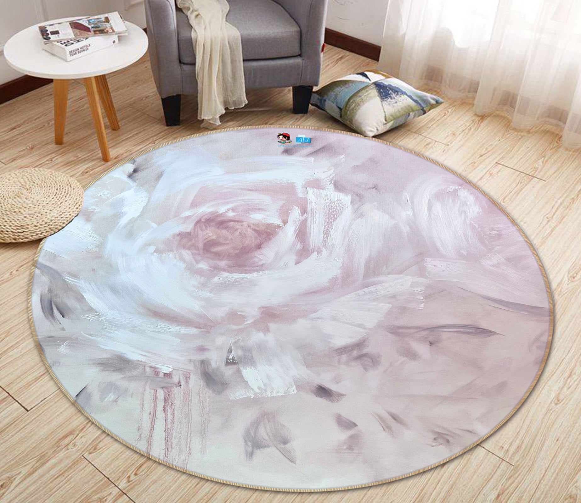 3D Pink Flower 3907 Skromova Marina Rug Round Non Slip Rug Mat