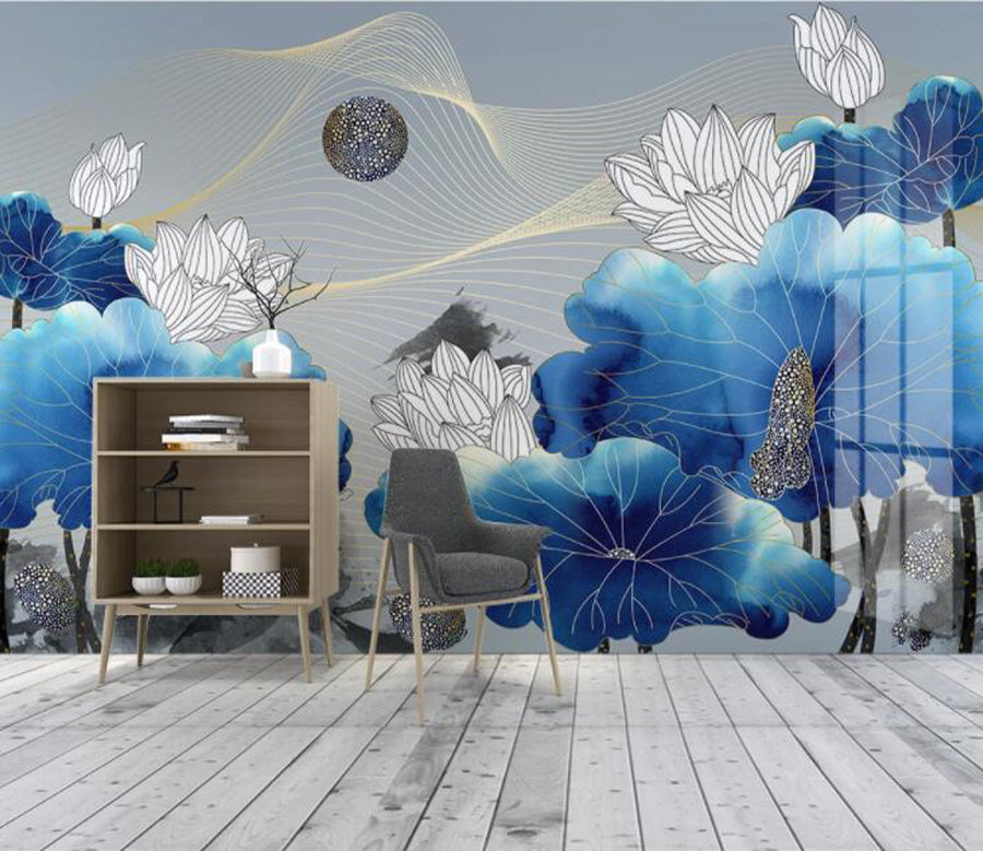 3D Blue Lotus Leaf WC2060 Wall Murals