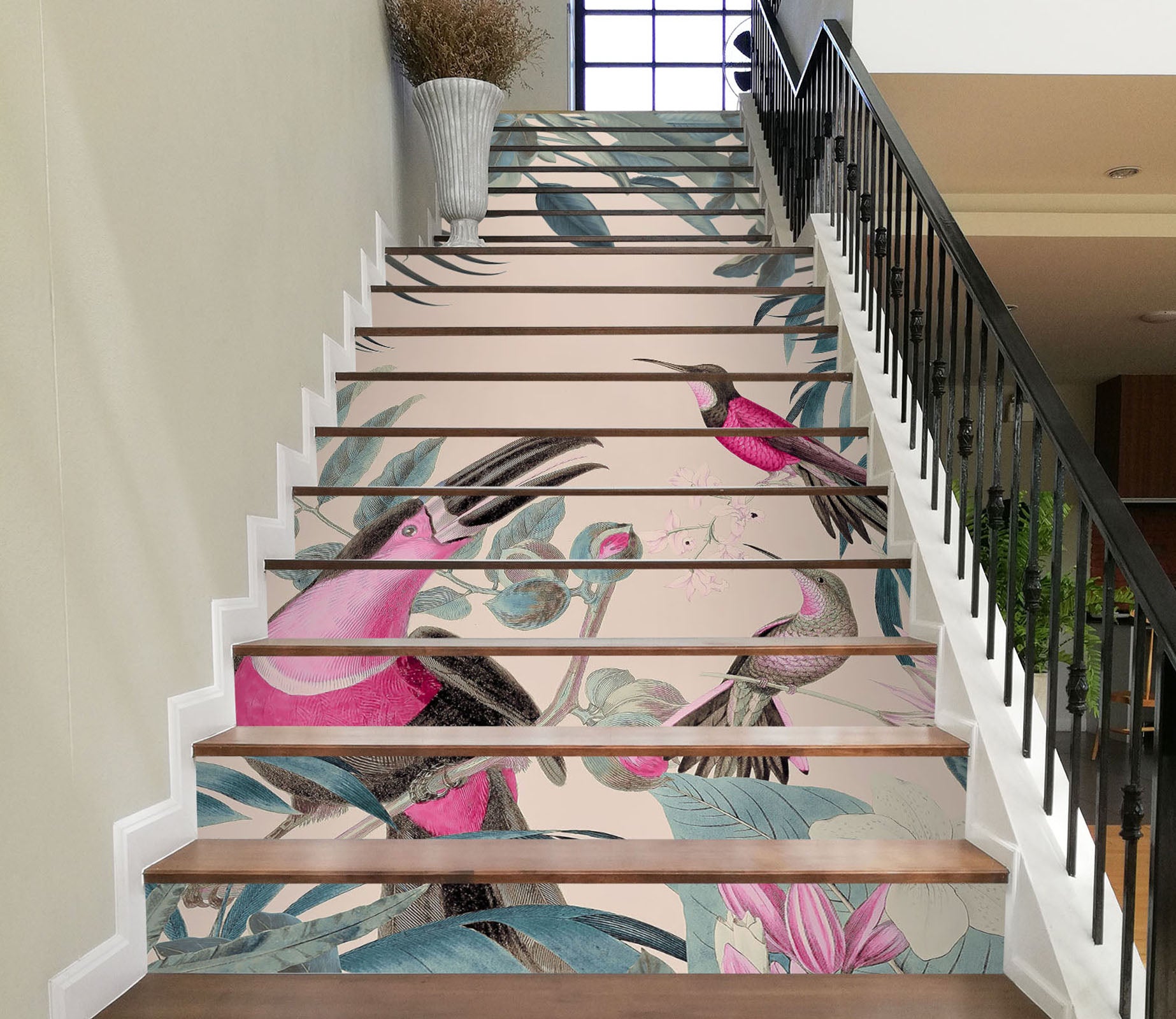 3D Pink Bird Stork Leaves 109186 Andrea Haase Stair Risers