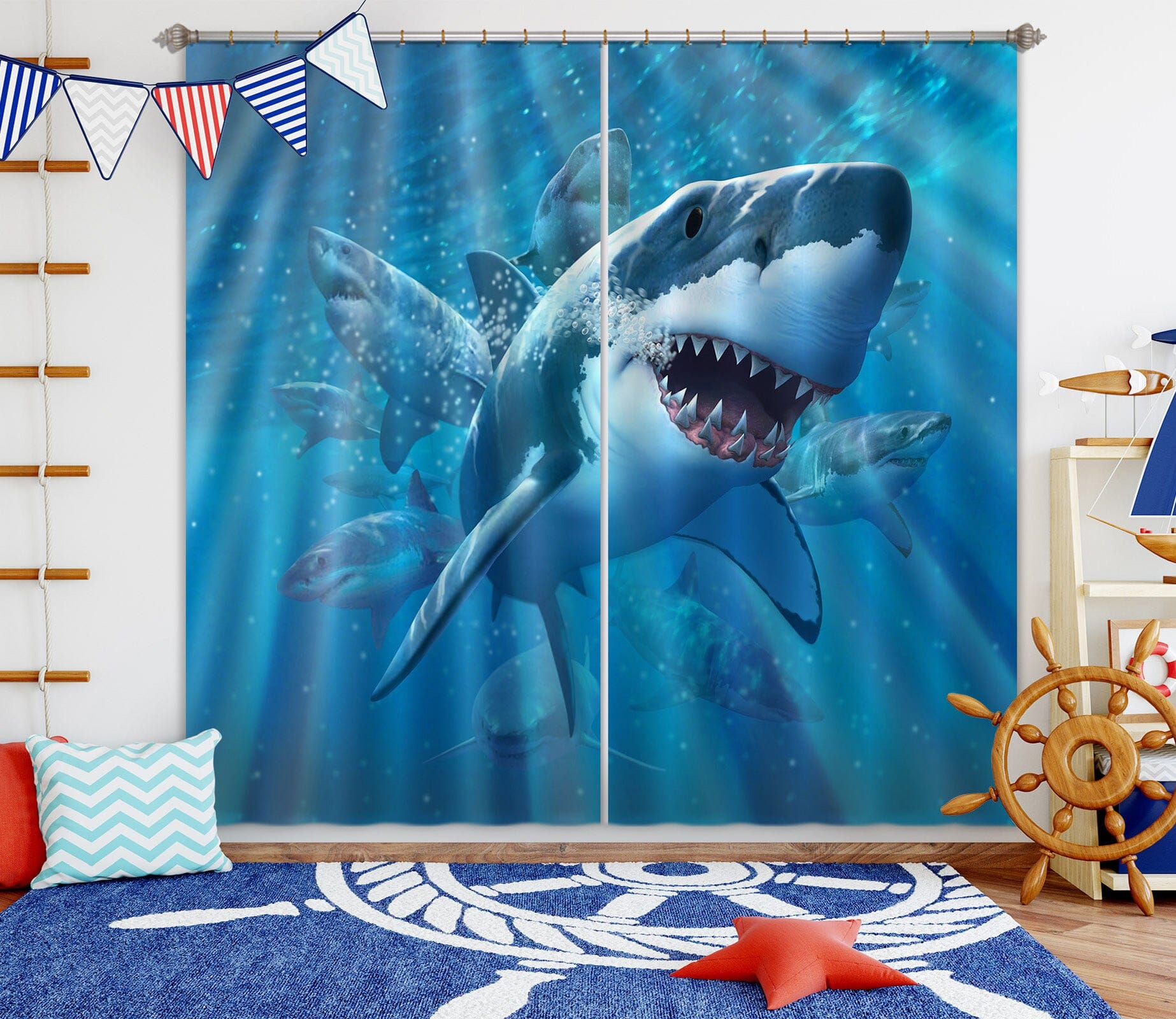 3D Great White Shark 066 Jerry LoFaro Curtain Curtains Drapes Curtains AJ Creativity Home 