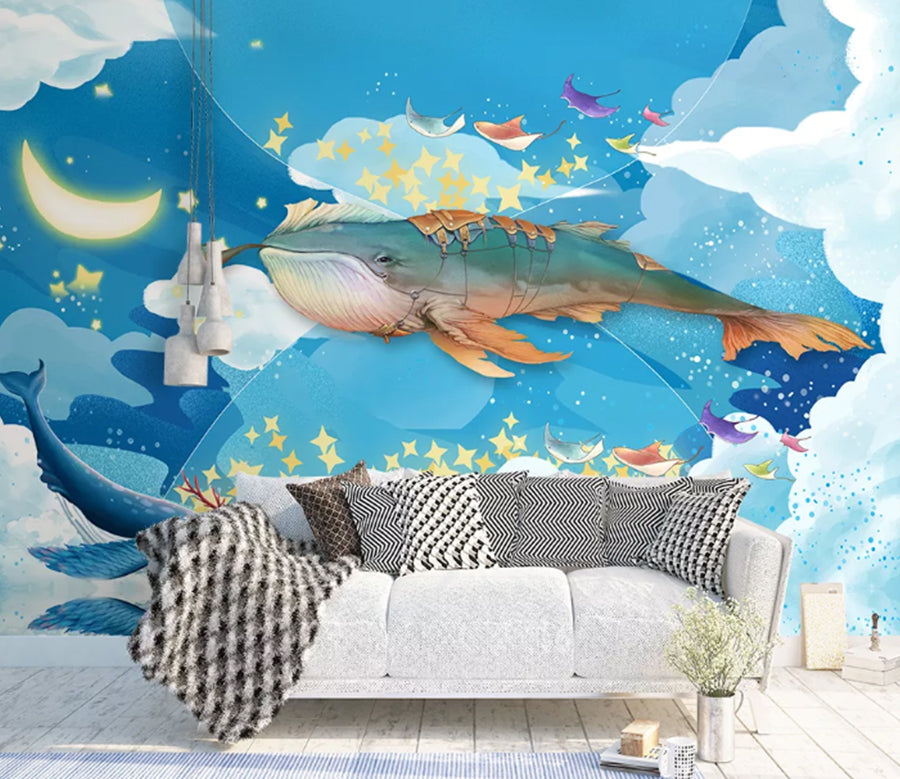 3D Moon Whale WC1596 Wall Murals