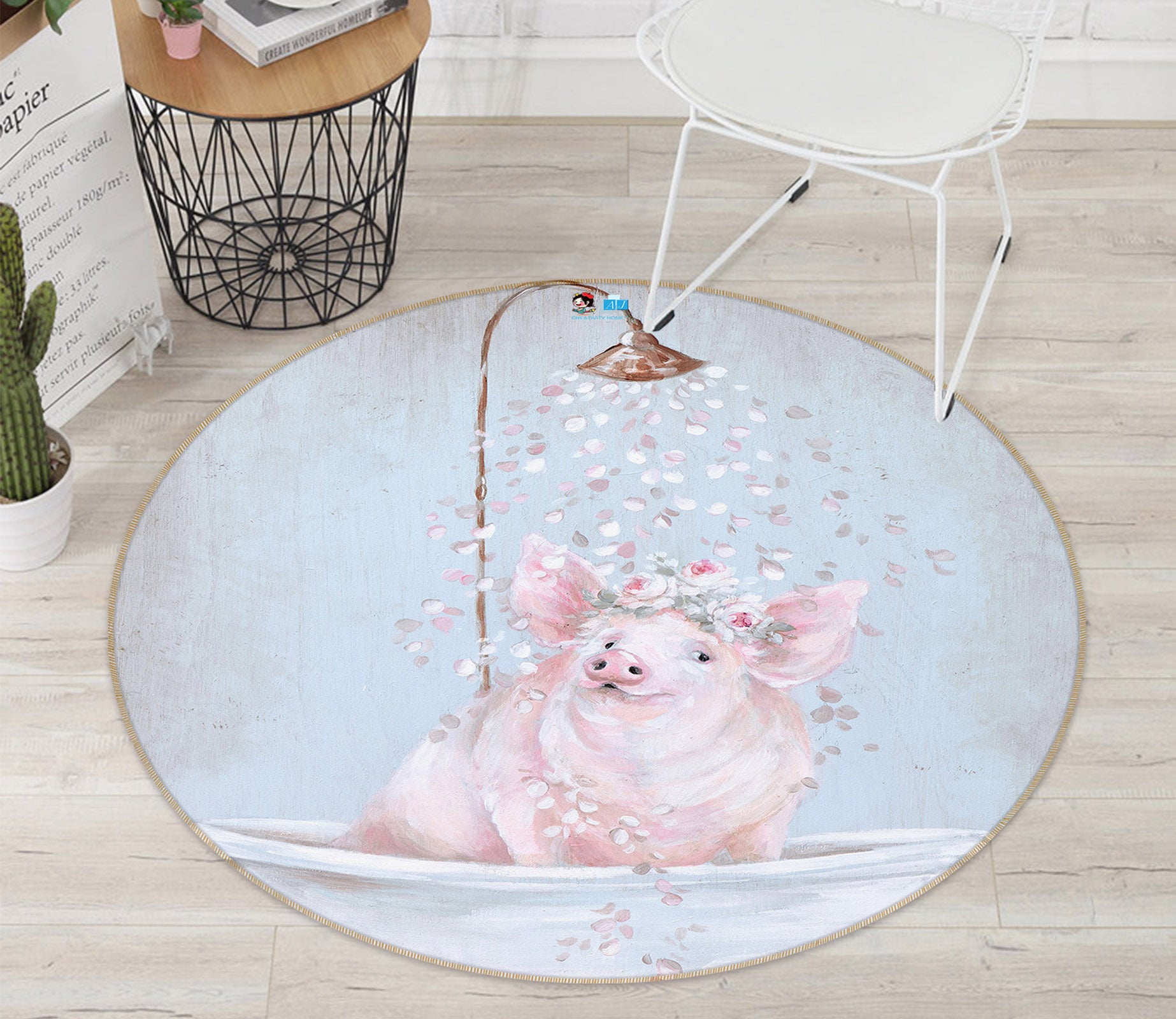 3D Shower Pig 1108 Debi Coules Rug Round Non Slip Rug Mat