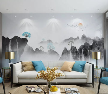 3D Cliff Lake Tree WC2334 Wall Murals