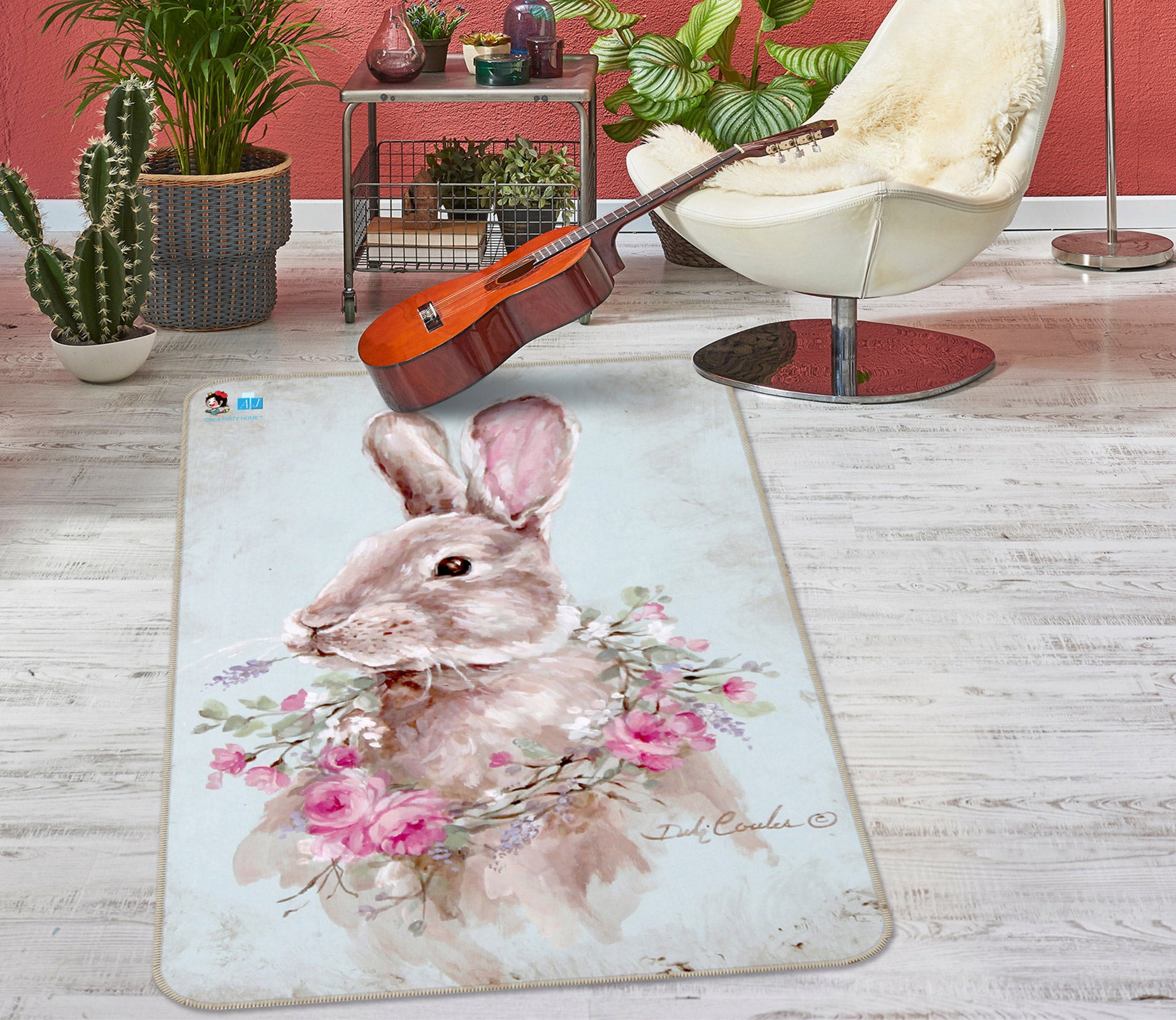 3D Wreath Bunny 1038 Debi Coules Rug Non Slip Rug Mat