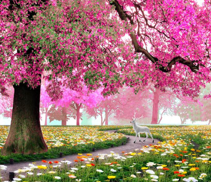 3D Purple Flower Tree Deer Path Wallpaper AJ Wallpaper 1 