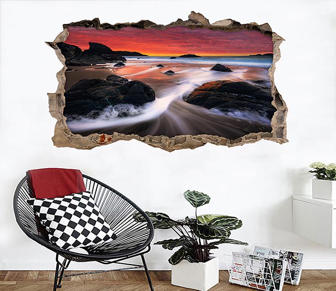 3D Sea Sunset Rosy Sky 317 Broken Wall Murals Wallpaper AJ Wallpaper 