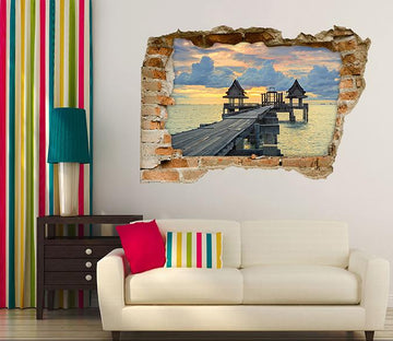 3D Sea Wood Corridor Sunset 106 Broken Wall Murals Wallpaper AJ Wallpaper 