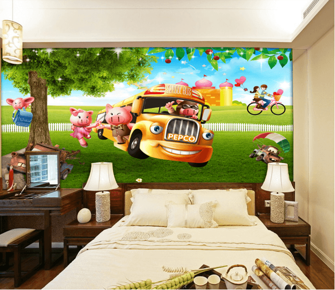 3D Grassland School Bus Wallpaper AJ Wallpaper 