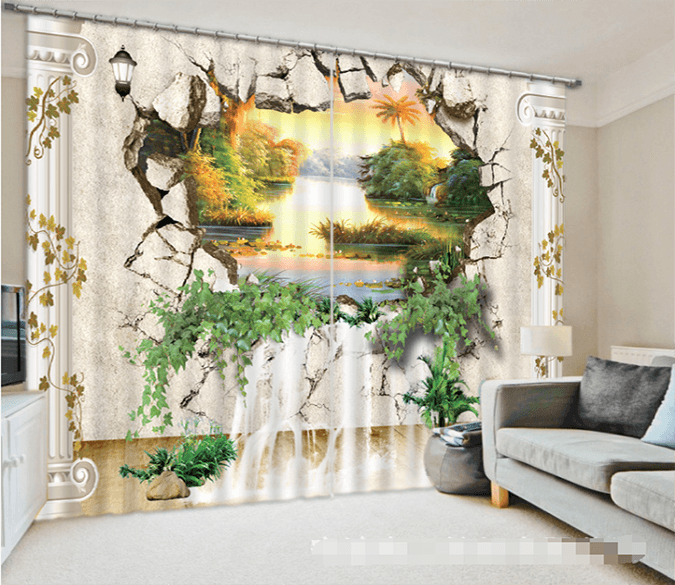 3D Hole River Sunset 1308 Curtains Drapes Wallpaper AJ Wallpaper 