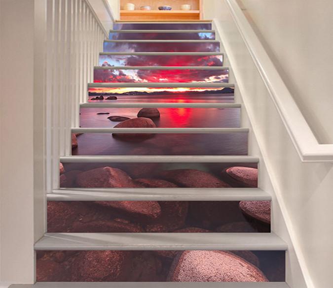 3D Lake Sunset Glow 709 Stair Risers Wallpaper AJ Wallpaper 