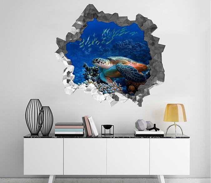 3D Ocean Turtle Fishes 197 Broken Wall Murals Wallpaper AJ Wallpaper 