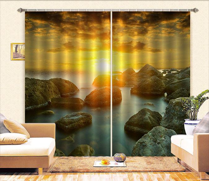 3D Sea Bright Sun Stones 679 Curtains Drapes Wallpaper AJ Wallpaper 