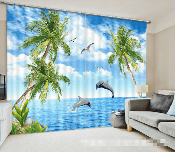 3D Sea Dolphins Trees 1350 Curtains Drapes Wallpaper AJ Wallpaper 