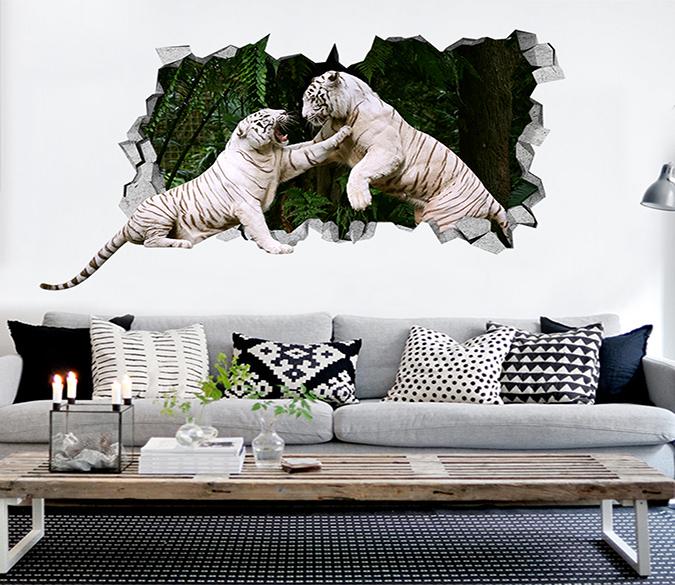 3D Fighting Tigers 153 Broken Wall Murals Wallpaper AJ Wallpaper 