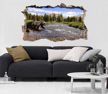 3D Crossing River Bear 301 Broken Wall Murals Wallpaper AJ Wallpaper 