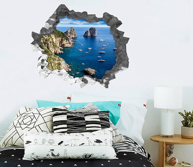 3D Sea Coast Boats 192 Broken Wall Murals Wallpaper AJ Wallpaper 