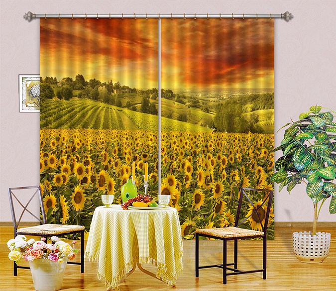 3D Mountain Sunflowers Field 130 Curtains Drapes Wallpaper AJ Wallpaper 