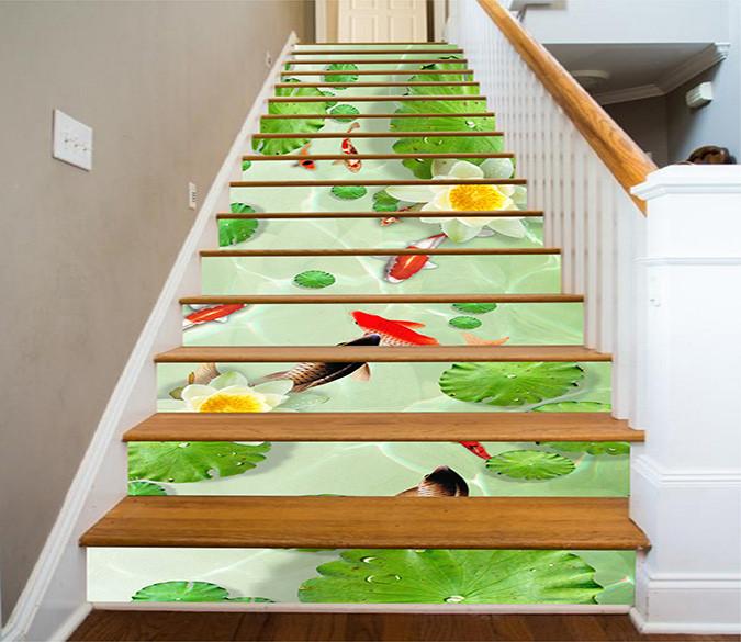 3D Lake Fishes Lotus 1125 Stair Risers Wallpaper AJ Wallpaper 