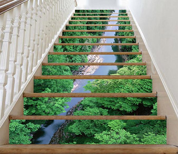 3D Green Forest Lake 790 Stair Risers Wallpaper AJ Wallpaper 