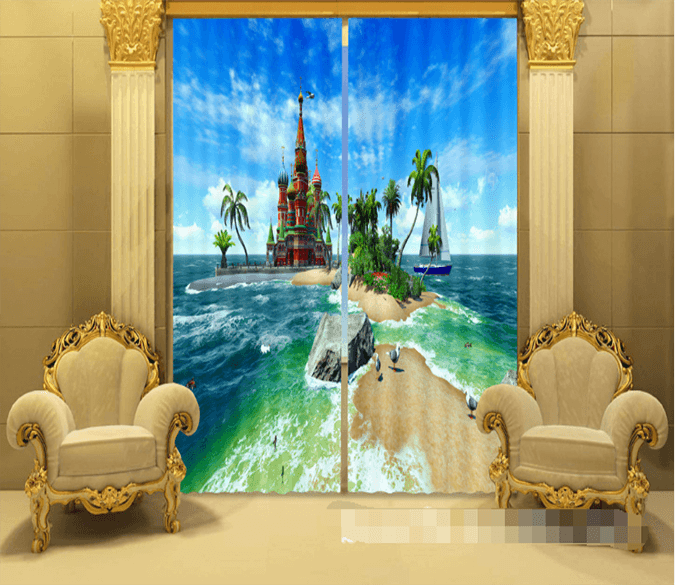 3D Sea Island Castle 1187 Curtains Drapes Wallpaper AJ Wallpaper 