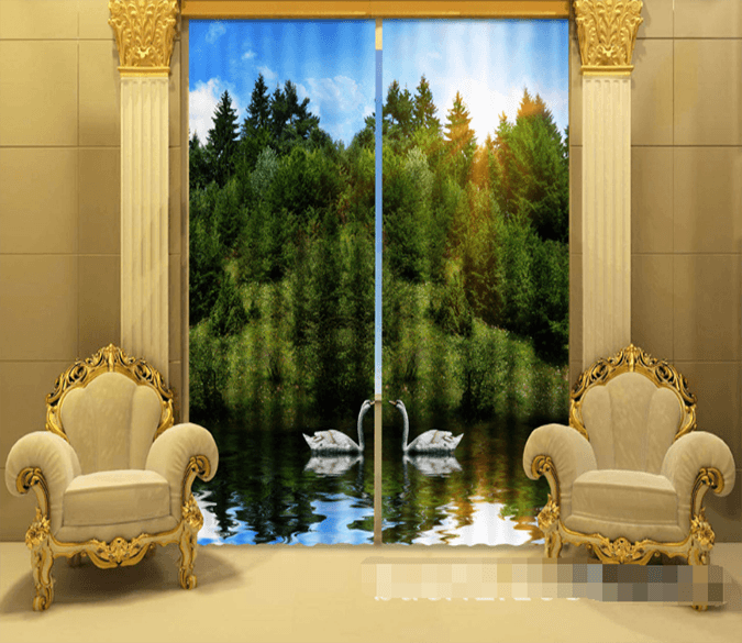 3D Mountains Lake Swans 1161 Curtains Drapes Wallpaper AJ Wallpaper 