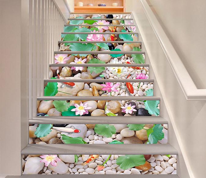 3D Pebbles Flowers Fishes 431 Stair Risers Wallpaper AJ Wallpaper 