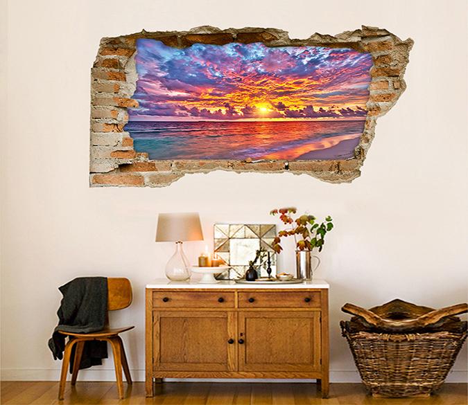 3D Sea Sunset Rosy Clouds 362 Broken Wall Murals Wallpaper AJ Wallpaper 