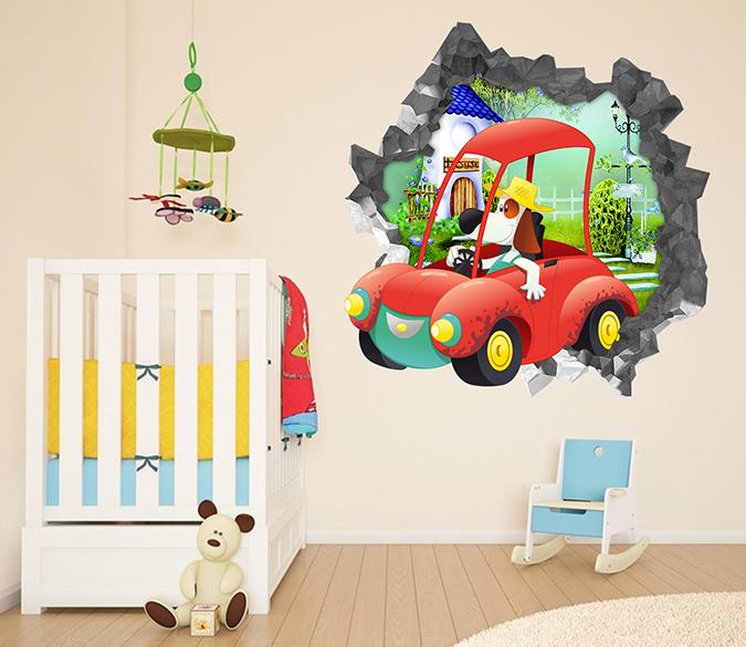 3D Cartoon Dog Car 89 Broken Wall Murals Wallpaper AJ Wallpaper 