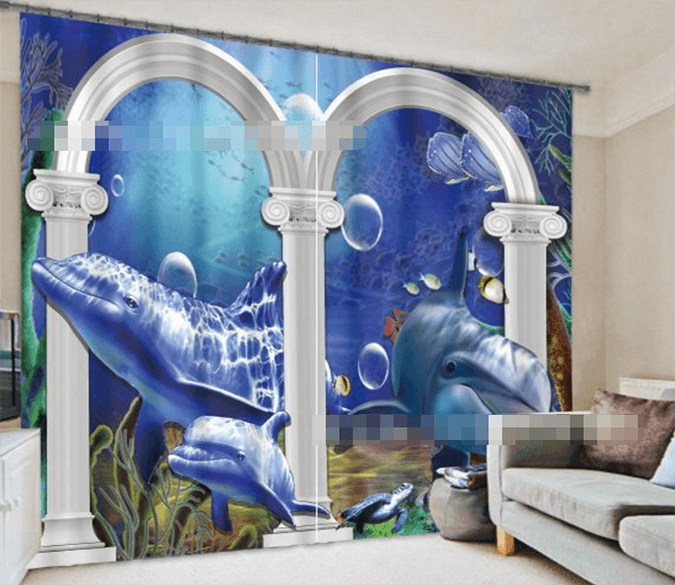 3D Ocean Dolphins Pillars 1042 Curtains Drapes Wallpaper AJ Wallpaper 