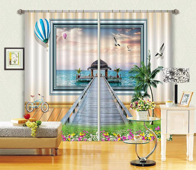 3D Sea Pavilion Bridge 146 Curtains Drapes Wallpaper AJ Wallpaper 