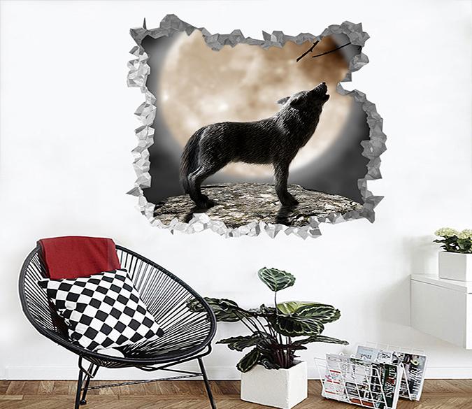 3D Full Moon Night Howling Wolf 198 Broken Wall Murals Wallpaper AJ Wallpaper 