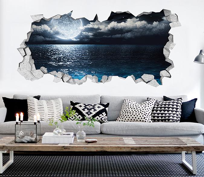 3D Sea Bright Full Moon 318 Broken Wall Murals Wallpaper AJ Wallpaper 