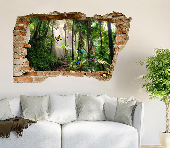 3D Rainforest Butterflies 376 Broken Wall Murals Wallpaper AJ Wallpaper 