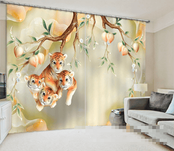 3D Peach Tree Lovely Tigers 1002 Curtains Drapes Wallpaper AJ Wallpaper 