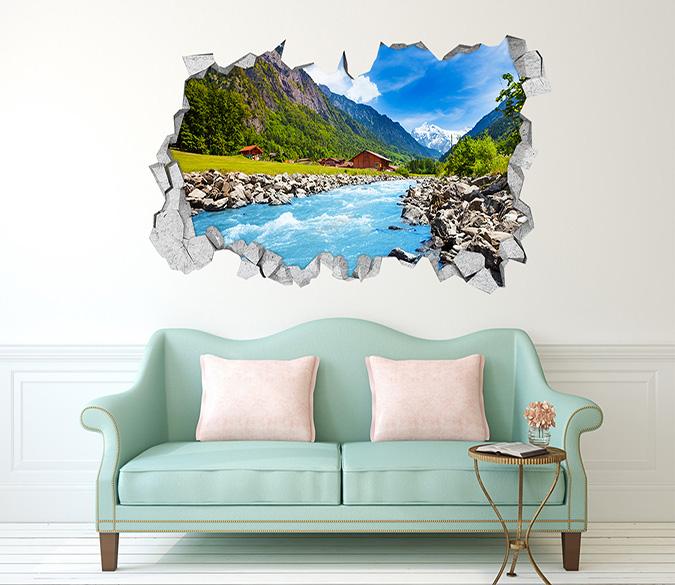 3D Mountains River 099 Broken Wall Murals Wallpaper AJ Wallpaper 