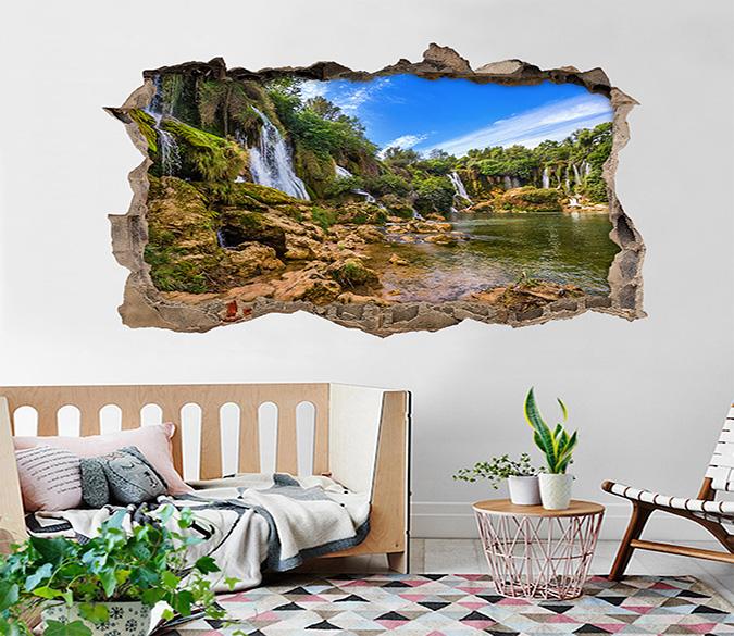 3D Lake Waterfalls 023 Broken Wall Murals Wallpaper AJ Wallpaper 