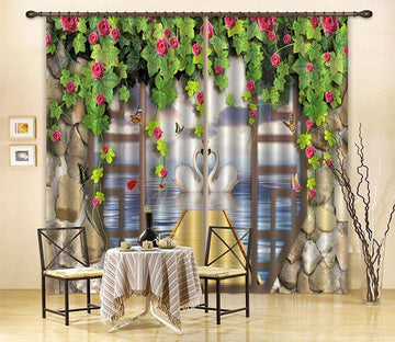 3D Flowers Door Sea Swans Curtains Drapes Wallpaper AJ Wallpaper 