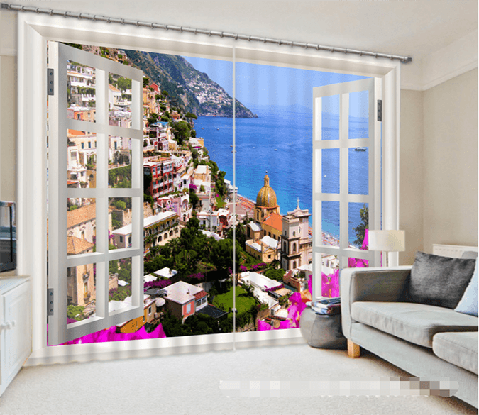 3D Window Seaside Town 1274 Curtains Drapes Wallpaper AJ Wallpaper 