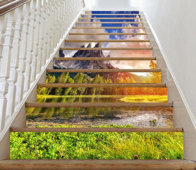 3D Mountain Forest Lake 119 Stair Risers Wallpaper AJ Wallpaper 