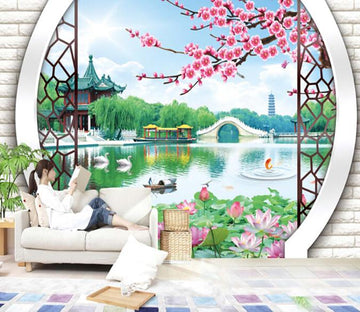 3D Willow Pond Peach Pavilion Wallpaper AJ Wallpaper 1 