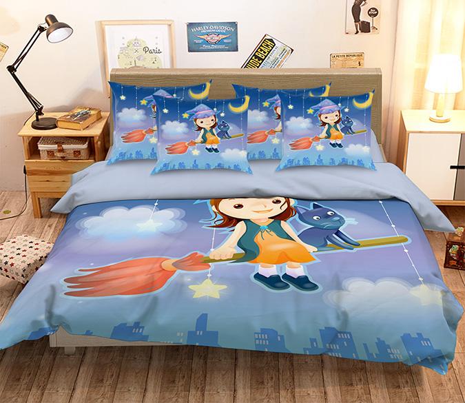 3D Riding Broom Kid And Cat 237 Bed Pillowcases Quilt Wallpaper AJ Wallpaper 