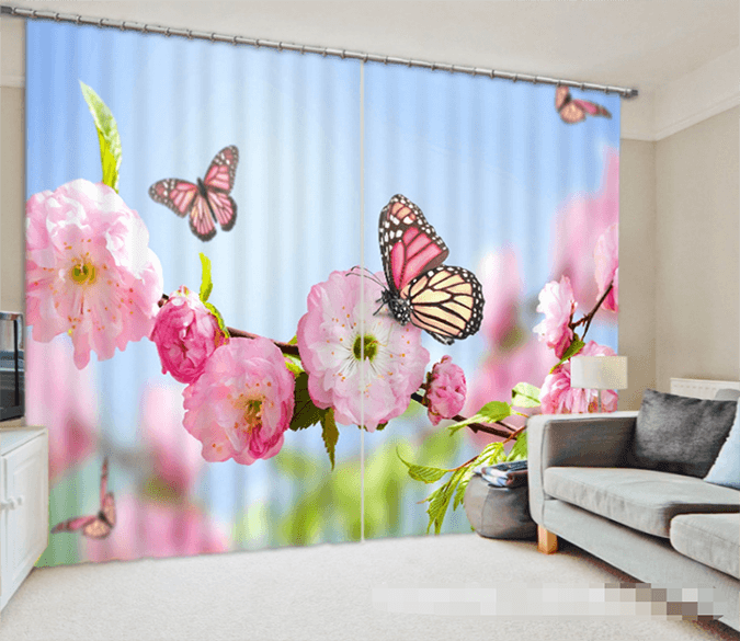 3D Peach Flowers Butterflies 991 Curtains Drapes Wallpaper AJ Wallpaper 