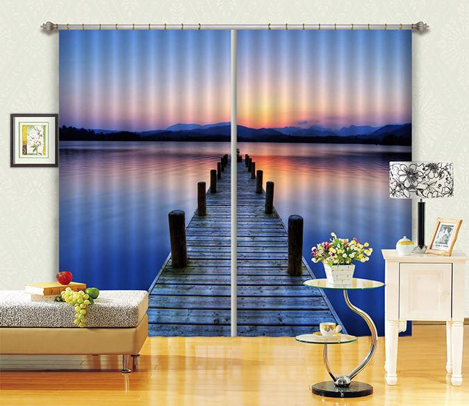 3D Sunset Lake Wood Bridge 209 Curtains Drapes Wallpaper AJ Wallpaper 