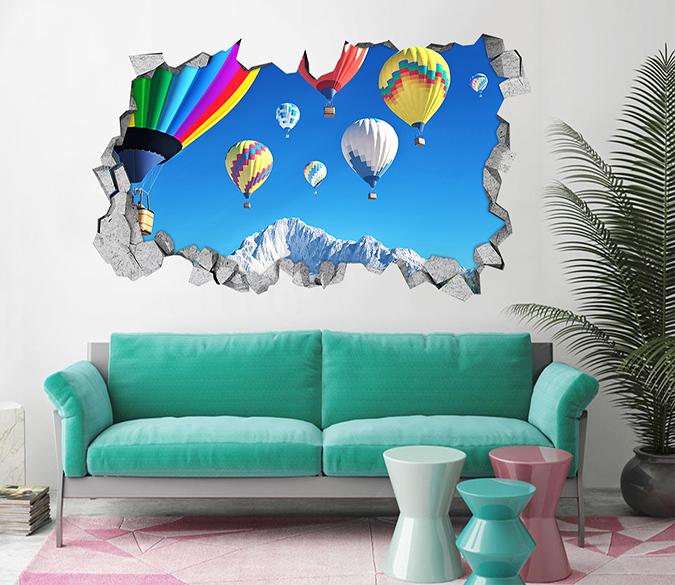 3D Blue Sky Flying Balloons 1 Broken Wall Murals Wallpaper AJ Wallpaper 