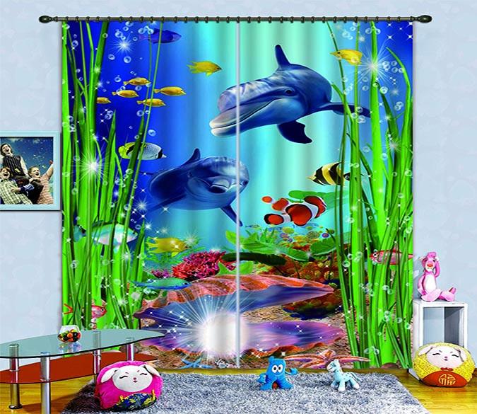 3D Seabed Dolphins And Shiny Pearl 724 Curtains Drapes Wallpaper AJ Wallpaper 