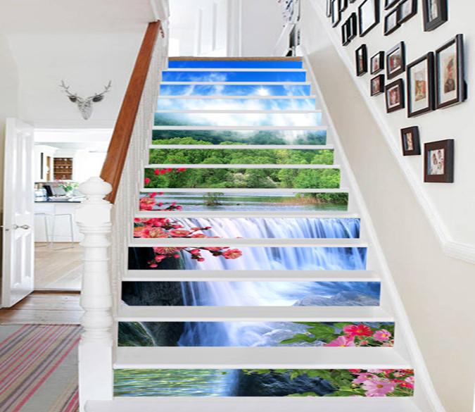 3D Waterfall And Flowers 760 Stair Risers Wallpaper AJ Wallpaper 