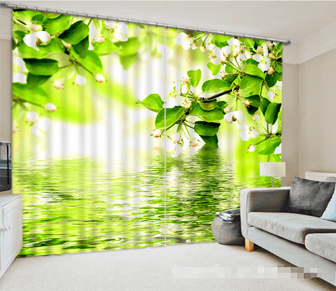 3D Green Leaves White Flowers 1049 Curtains Drapes Wallpaper AJ Wallpaper 