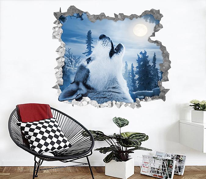 3D Bright Moon Wolf 232 Broken Wall Murals Wallpaper AJ Wallpaper 