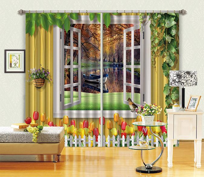 3D Wood Window Lake Boat Curtains Drapes Wallpaper AJ Wallpaper 